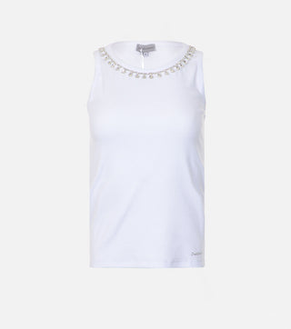 Front of white women top with crystals - CALIENTE