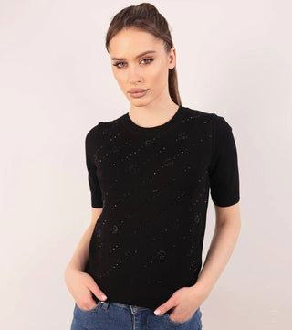 Model wear Black knitted blouse with crystals - CALIENTE