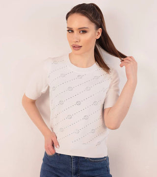Model wear White knitted blouse with crystals decoration - CALIENTE